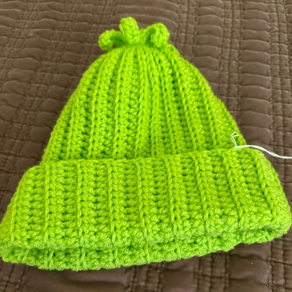 Grinch Green Who Beanie with fun fringe, adult sized